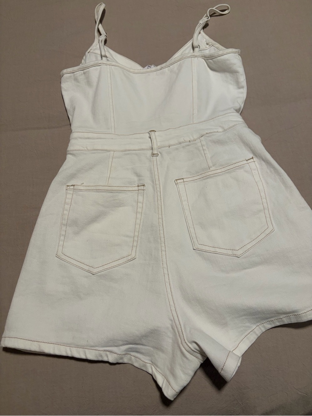 White Button-Front Denim Romper with Adjustable Straps - Picture 2 of 4